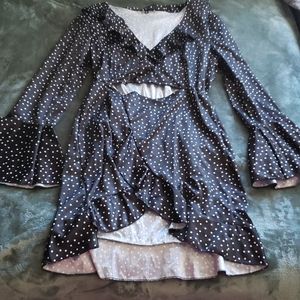 Polka dot ruffle highlow mini dress, black & white